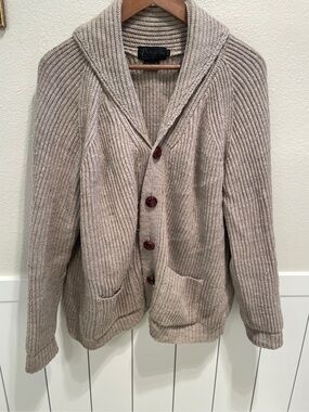 Shawl Collar Ribbed Knit Library Sweater - Taupe with Brown Suede Elbow Patches